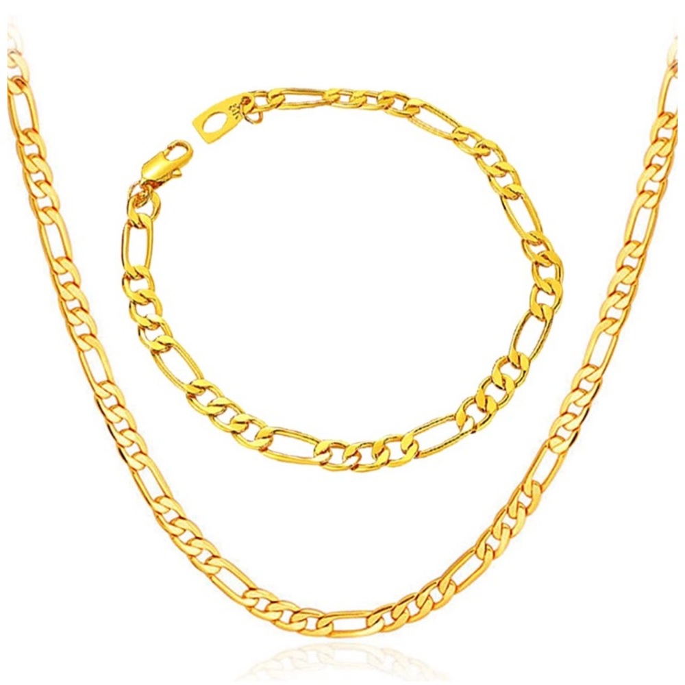 18k Yellow Gold Figaro Chain Necklace + Bracelet 5mm